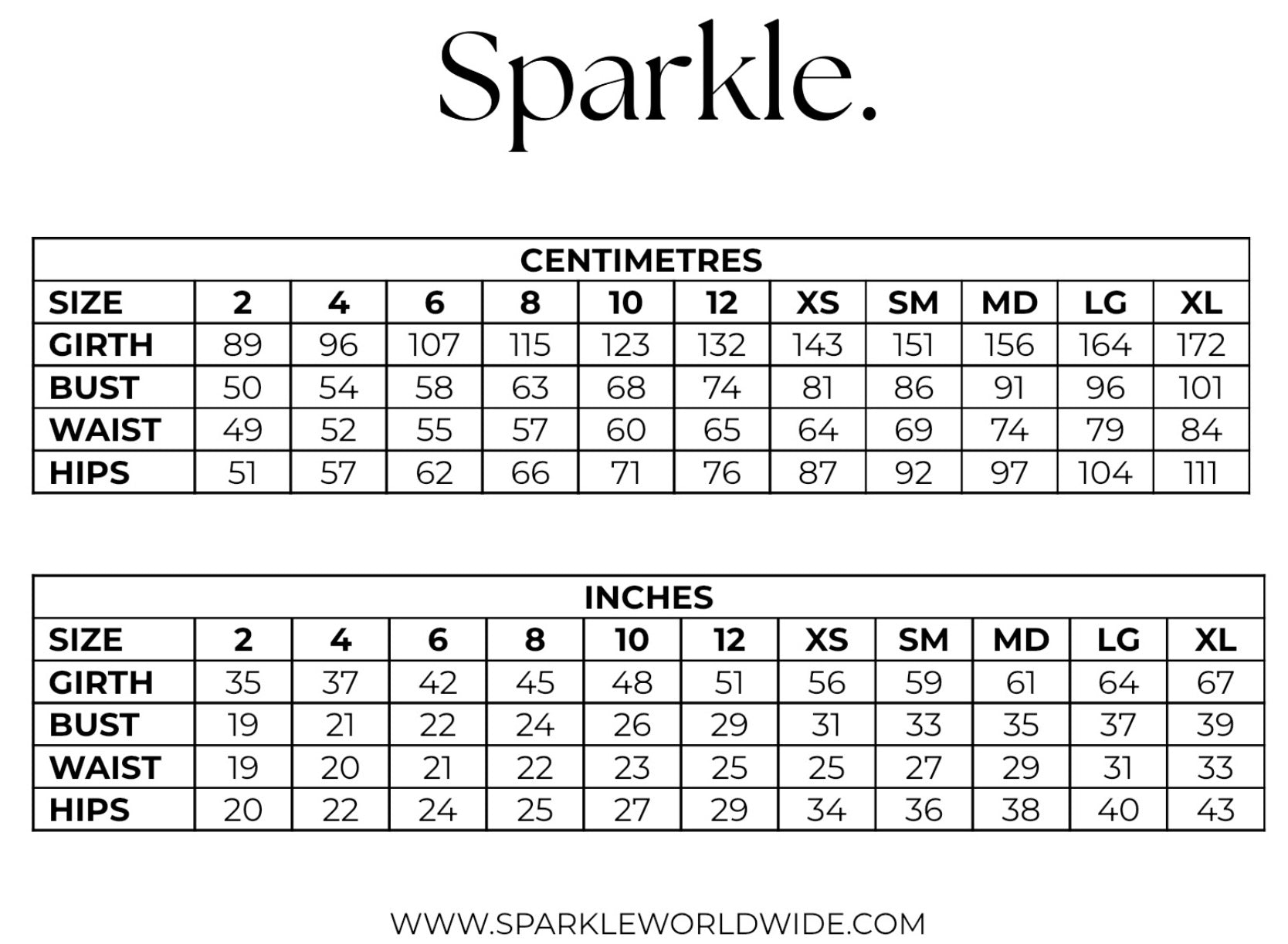 Sparkle Worldwide size chart