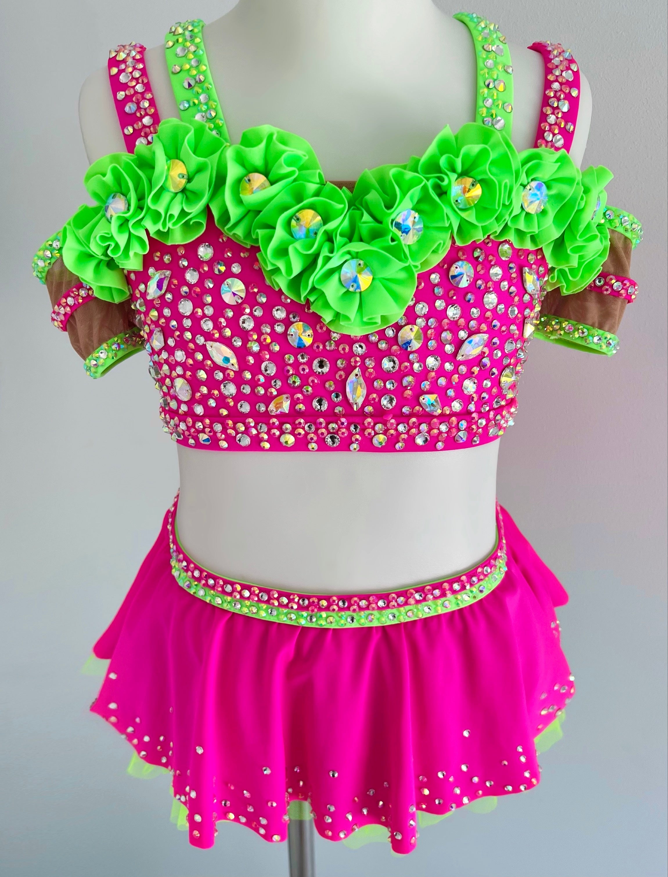 Size 6 | Neon Green & Pink Jazz Dance Costume - Sparkle Worldwide
