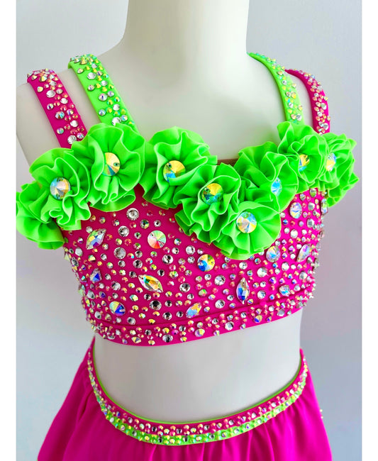 Size 6 | Neon Green & Pink Jazz Dance Costume - Sparkle Worldwide