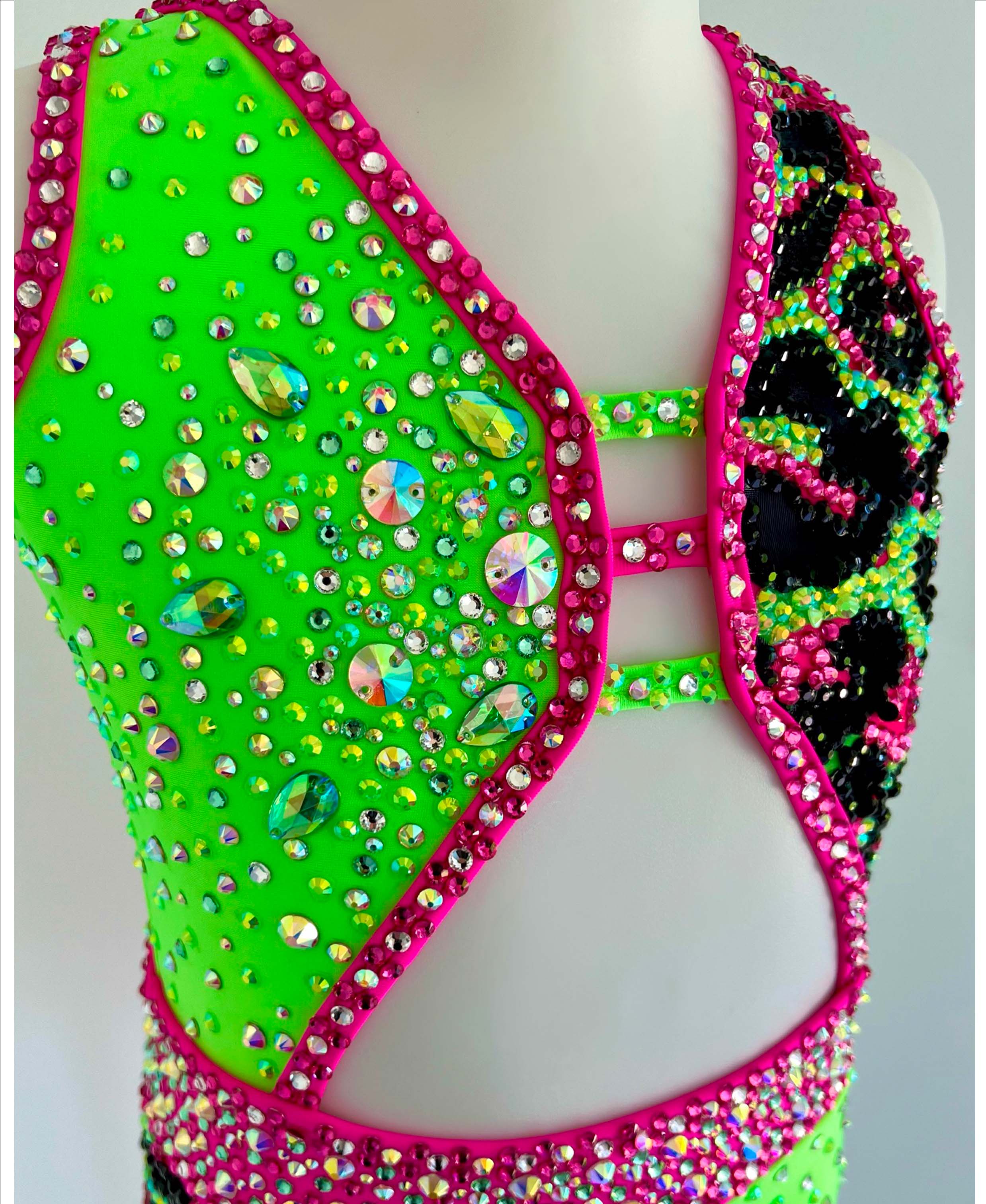 Size 6 | Neon Pink, Green & Cheetah Jazz Dance Costume - Sparkle Worldwide