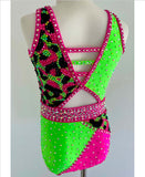 Size 6 | Neon Pink, Green & Cheetah Jazz Dance Costume - Sparkle Worldwide